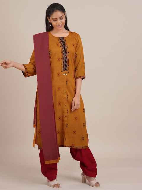 

Pothys Women Mustard Yellow & Magenta Woven Design Unstitched Kurta Set With Dupatta