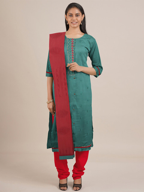 

Pothys Sea Green & Red Unstitched Dress Material