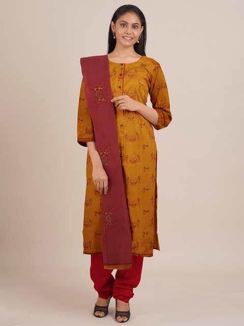 

Pothys Women Mustard Yellow & Magenta Warli Print Unstitched Kurta Set With Dupatta