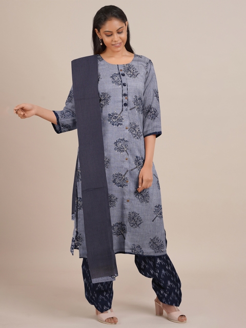 

Pothys Grey & Navy Blue Unstitched Dress Material