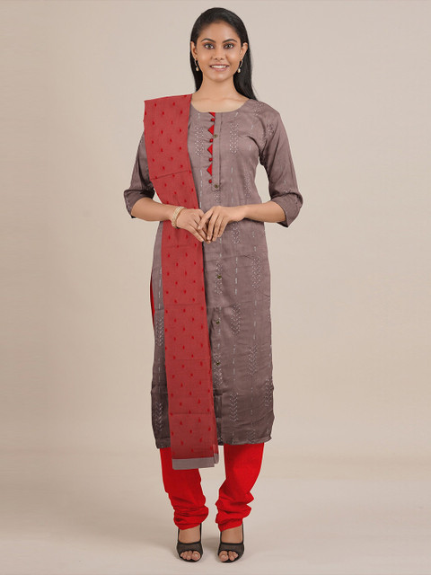 

Pothys Taupe & Red Embroidered Unstitched Dress Material