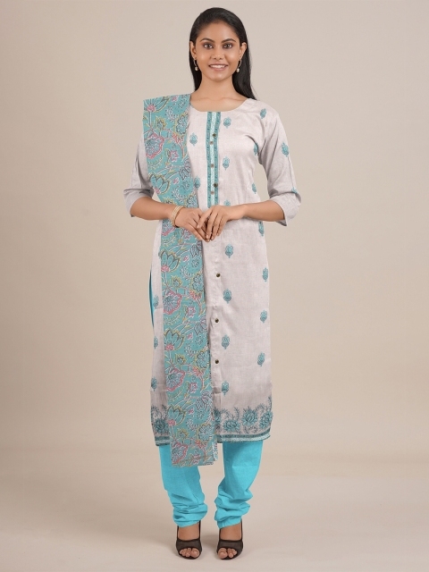 

Pothys Cream-Coloured & Blue Printed Unstitched Dress Material