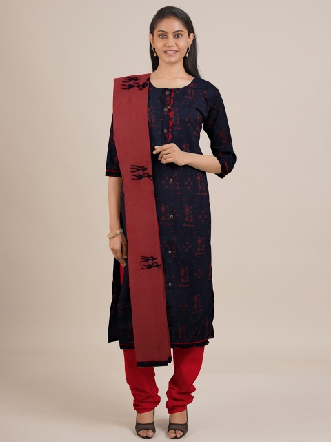 

Pothys Navy Blue & Maroon Printed Unstitched Dress Material