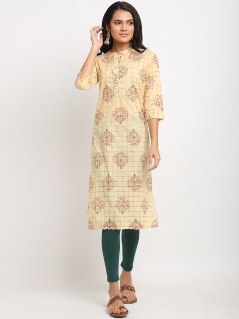 

Aujjessa Women Yellow & Pink Printed Cotton Straight Kurta