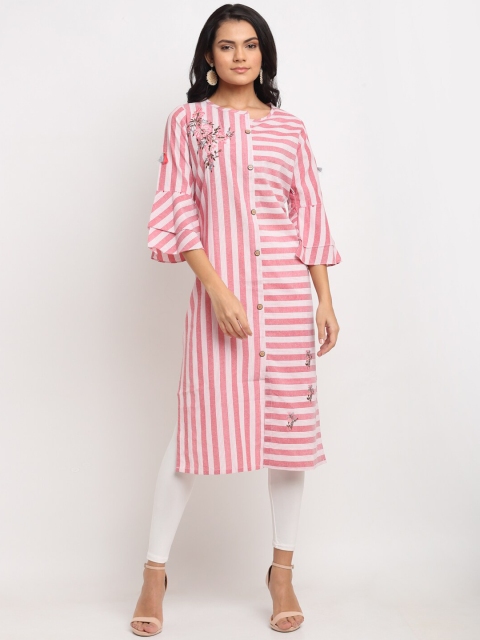 

Aujjessa Women Red Striped Bell Sleeves Cotton Kurta