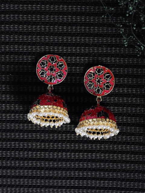 

ZeroKaata Gold-Plated Pink & Navy Blue Dome Shaped Meenakari Jhumkas Earrings