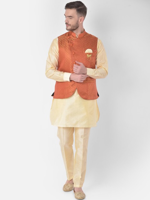 

SG LEMAN Men Orange & Beige Raw Silk Kurta With Trousers & Waistcoat