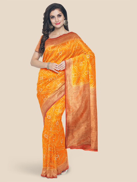 

Kalamandir Women Orange & Red Bandhani Print Banarasi Silk Blend Saree