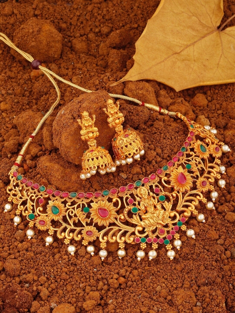 

Spargz Gold-Plated Pink & Green Stone-Studded Pearl Beaded Temple Jewellery Set