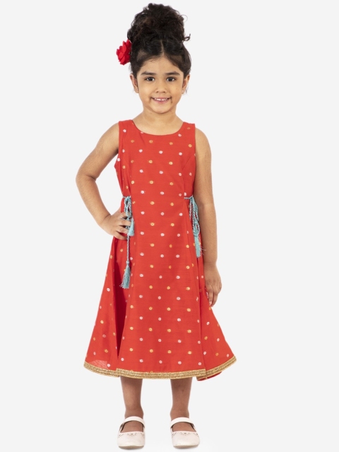 

Lil Peacock Girls Orange & Golden Embroidered Fit & Flare Midi Dress