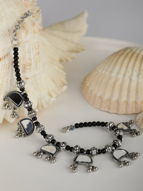 

Priyaasi Set Of 2 Silver-Plated & Black Beaded Handcrafted Mirror Anklets