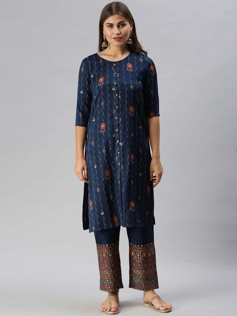 

Soch Women Blue Floral Printed Pure Cotton Kurta with Trousers