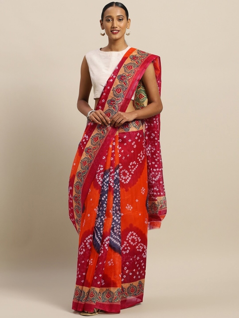 

KALINI Women Red & Orange Bandhani Print Bhagalpuri Silk Blend Saree
