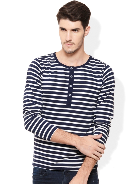 

Rigo Navy & White Striped Henley Fit T-shirt, Navy blue