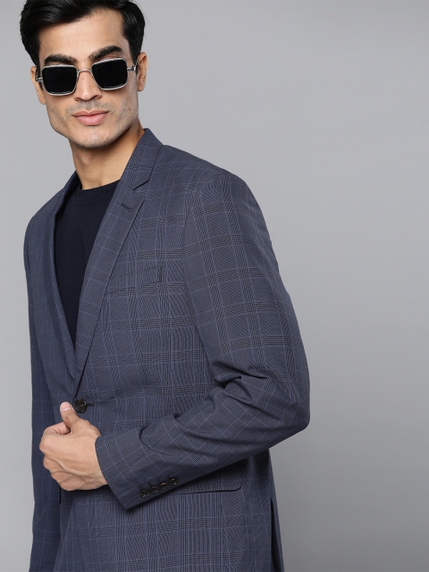 

Indian Terrain Men Navy Blue & Grey Checked Single-Breasted Blazer