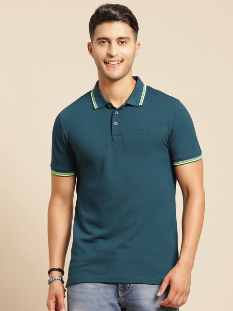 

United Colors of Benetton Men Teal Blue Pure Cotton Polo Collar Pure Cotton T-shirt
