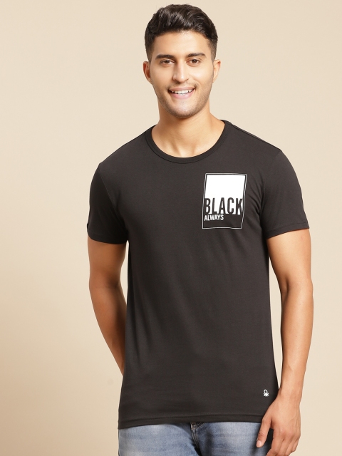 

United Colors of Benetton Men Black White Typography Printed Pure Cotton T-shirt