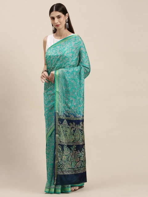 

KALINI Teal Green & Pink Floral Printed Mysore Silk Saree