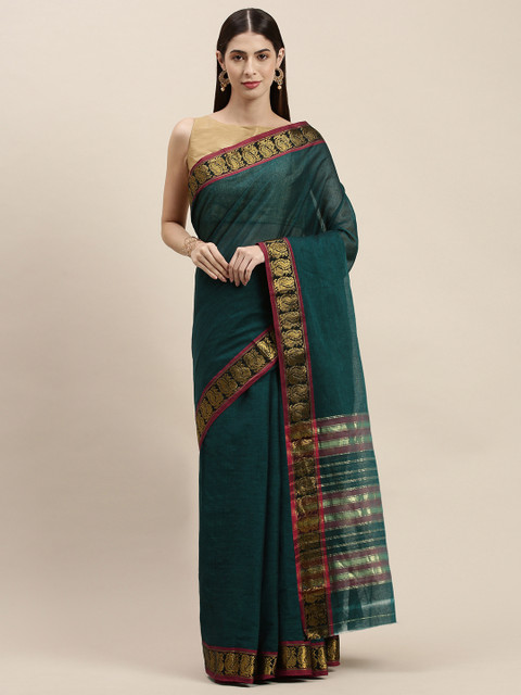 

KALINI Teal Green Zari Pure Cotton Venkatgiri Saree