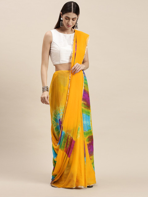 

KALINI Mustard Yellow & Blue Dyed Bandhani Saree