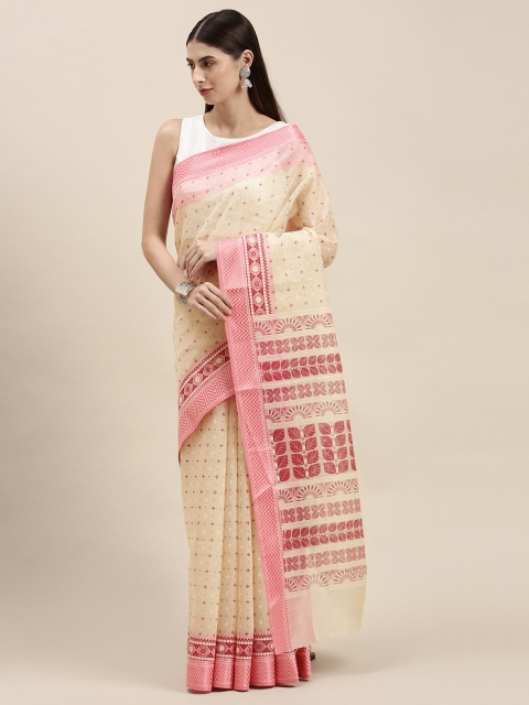 

KALINI Cream-Coloured & Pink Ethnic Motifs Mangalagiri Saree