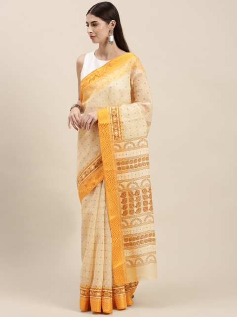 

KALINI Cream-Coloured & Mustard Yellow Ethnic Motifs Mangalagiri Saree