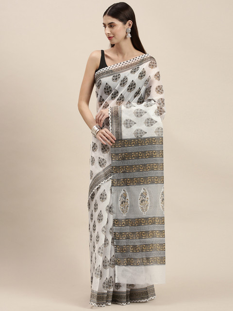 

KALINI Off White & Black Floral Mangalagiri Saree