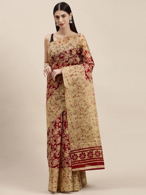 

KALINI Maroon & Cream-Coloured Floral Print Polycotton Mangalagiri Saree