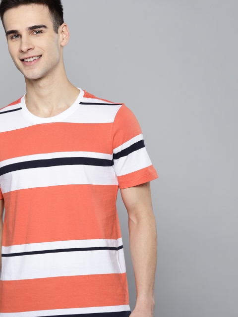 

Mast & Harbour Men Orange & Off White Cotton Striped T-shirt