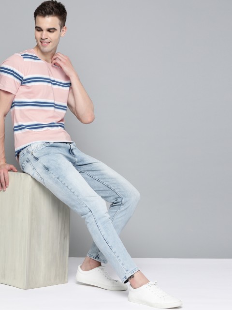 

Mast & Harbour Men Pink & Blue Striped Pure Cotton T-shirt