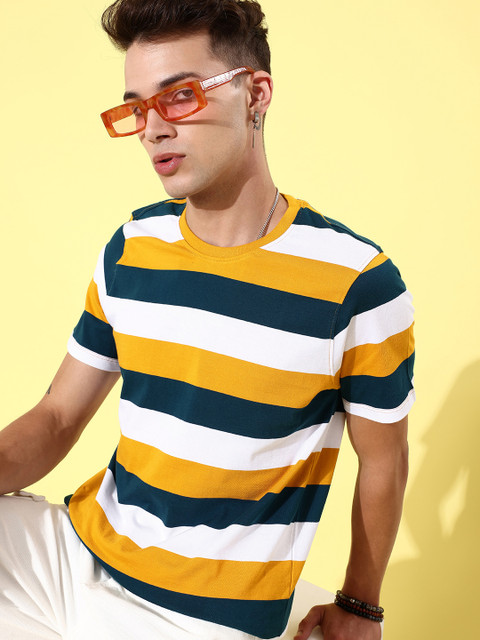 

Mast & Harbour Men Navy Blue & White Pure Cotton Wardrobe Essentials Striped T-shirt