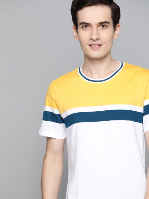 

Mast & Harbour Men White & Yellow Striped Pure Cotton T-shirt