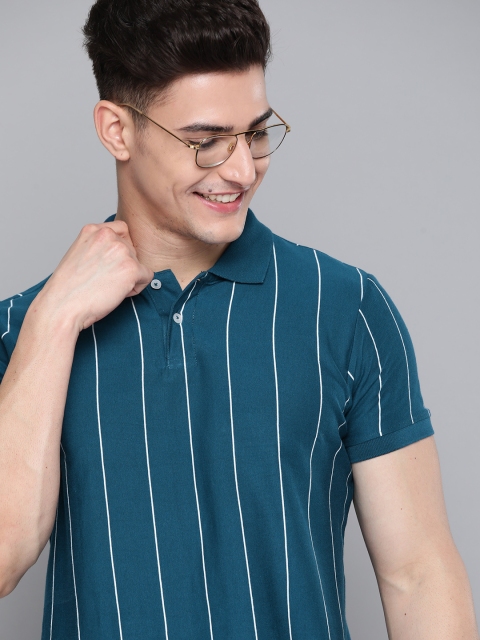

Mast & Harbour Men Teal Blue & White Striped Pure Cotton Polo Collar T-shirt
