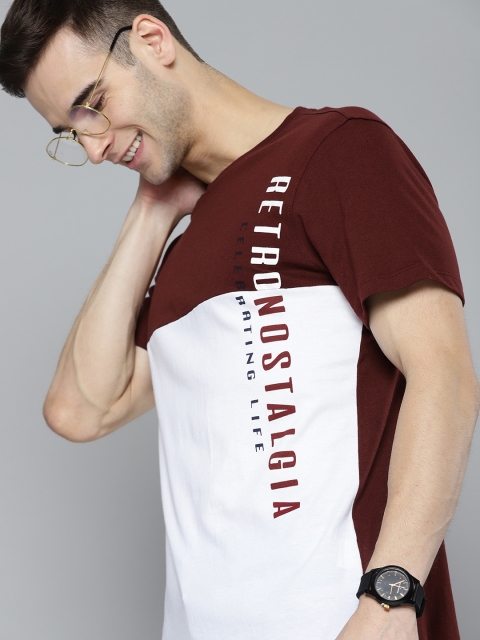 

Mast Harbour Men White Maroon Typography Colourblocked Pure Cotton T-shirt
