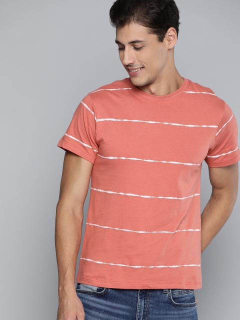 

Mast & Harbour Men Pink & White Pure Cotton Striped T-shirt