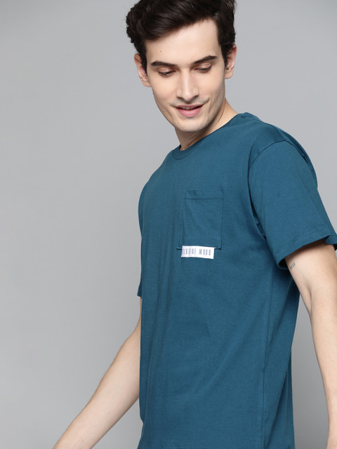 

M&H Easy Men Teal Blue Solid Pockets Pure Cotton T-shirt