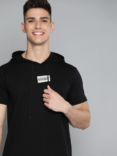 

M&H Easy Men Black Applique Detail Cotton Hooded T-shirt