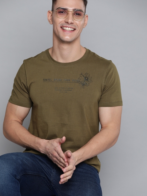 

Mast & Harbour Men Olive Green Pure Cotton Typography Printed T-shirt