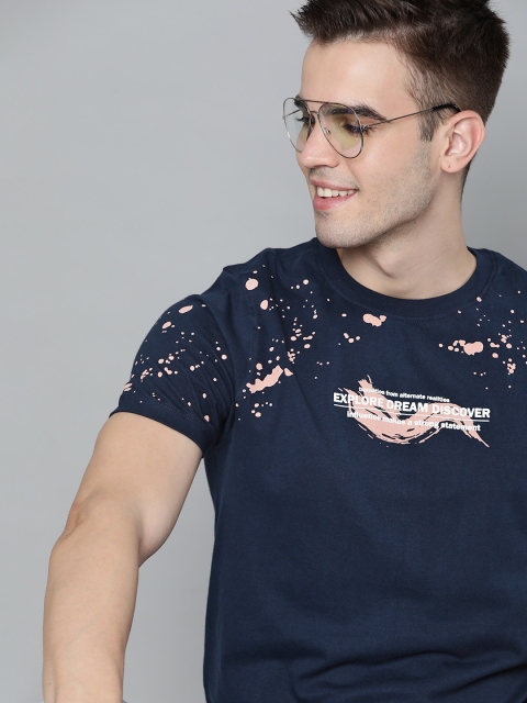 

Mast & Harbour Men Navy Blue & Pink Typography Print Cotton Handcrafted T-shirt