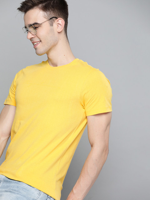 

Mast & Harbour Men Yellow Embossed Print Detail Pure Cotton T-shirt