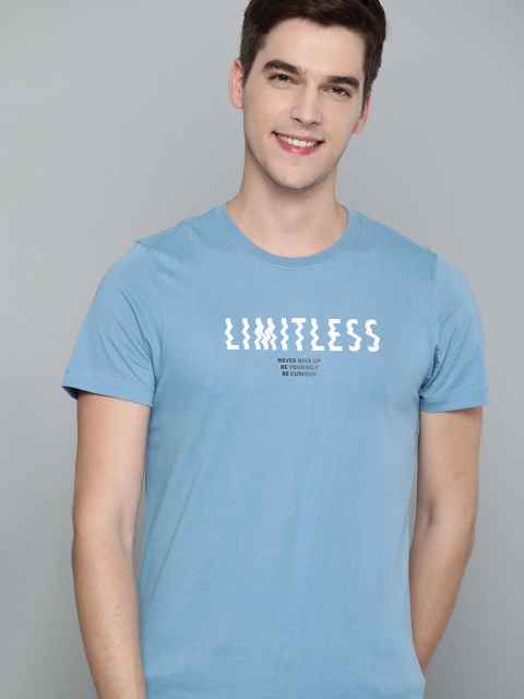

Mast Harbour Men Blue White Typography Printed Pure Cotton T-shirt