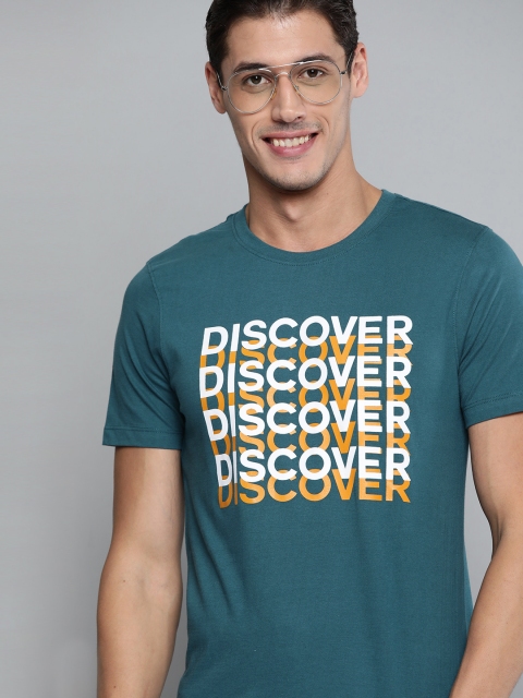 

Mast & Harbour Men Teal Green & White Pure Cotton Typography Printed T-shirt