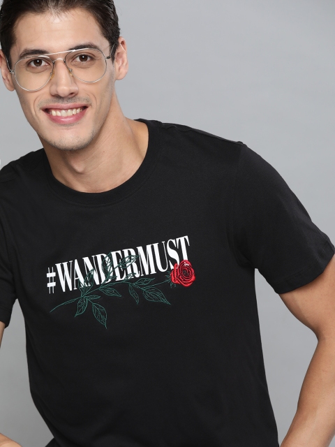 

Mast & Harbour Men Black & White Pure Cotton Printed T-shirt With Embroidered Detail