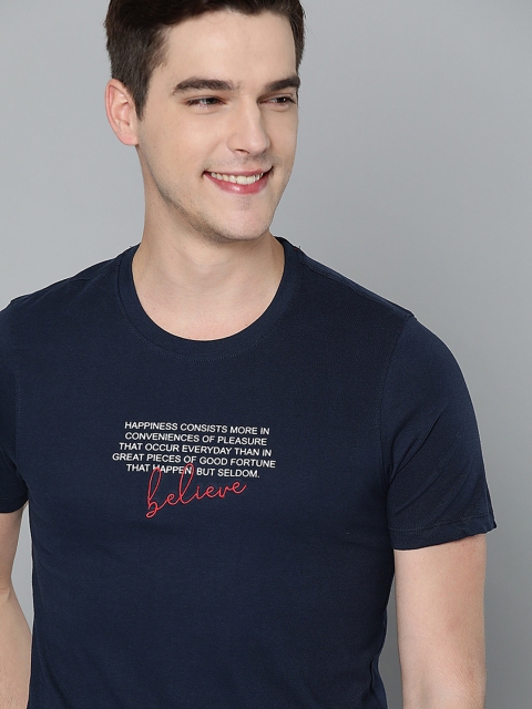 

Mast & Harbour Men Navy Blue & White Typography Print Handcrafted Cotton T-shirt