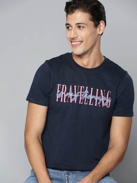 

Mast & Harbour Men Navy Blue & Pink Cotton Typography Printed T-shirt