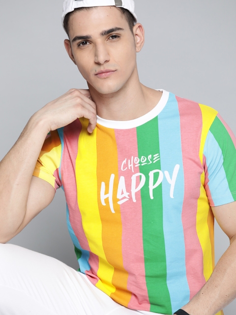 

Kook N Keech Men Yellow & Pink Pure Cotton Striped T-shirt