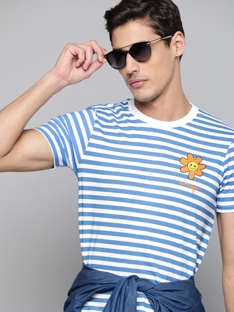 

Kook N Keech Emoji Men Blue & White Pure Cotton Striped T-shirt