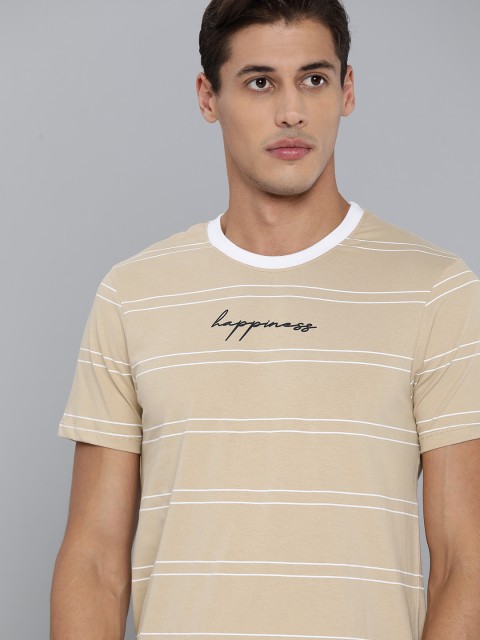 

Kook N Keech Men Beige White Pure Cotton Striped Pure Cotton T-shirt