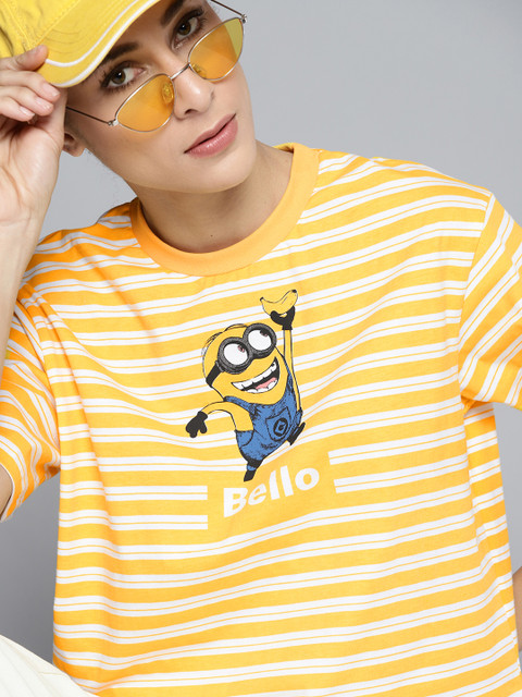 

Minions by Kook N Keech Women Yellow & White Minions Print Pure Cotton Boxy T-shirt