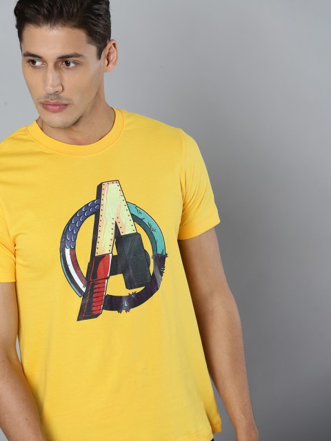 

Kook N Keech Marvel Men Yellow & Green Avengers Printed Pure Cotton T-shirt
